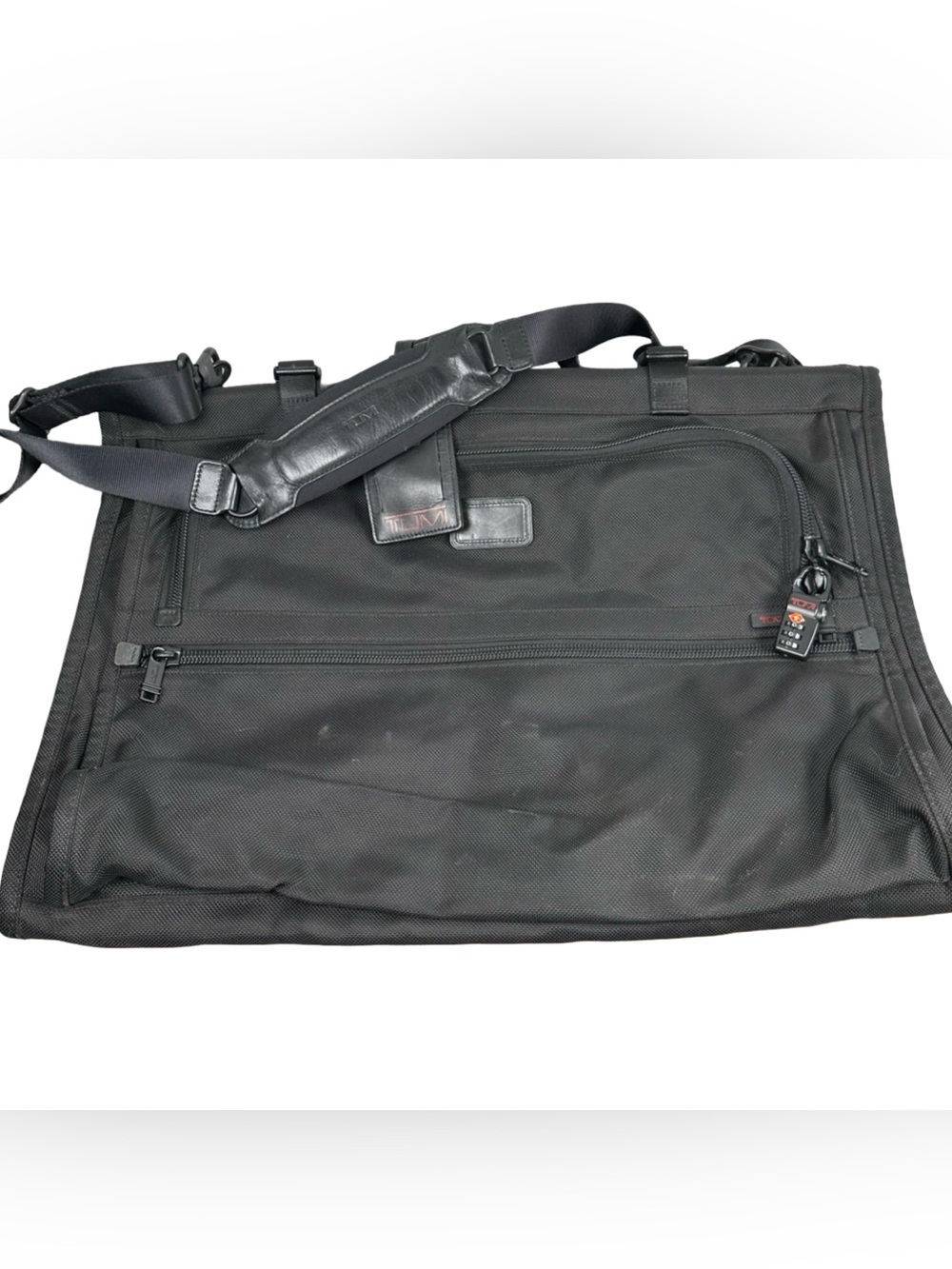 Tumi Black Ballistic Nylon trifold Travel Garment Bag Carry On Suit Bag & lock